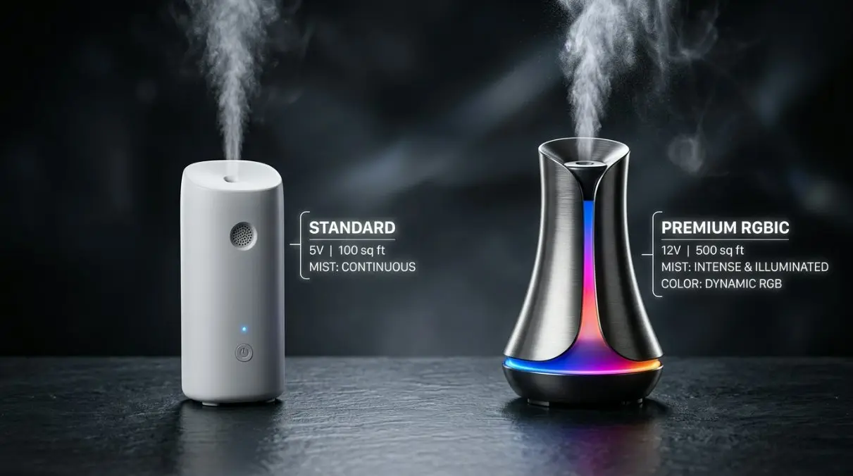 A high-contrast technical product comparison infographic showing a standard smart scent machine next to an RGBIC premium ambient scent machine with visual indicators for voltage and coverage.